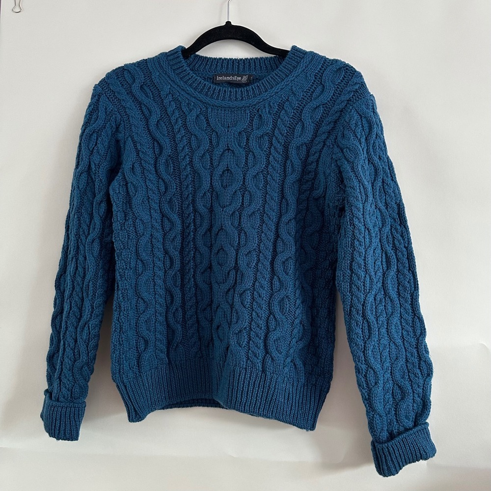 IrelandsEye 100% Virgin Wool Cable Knit Sweater Teal Blue Made in Ireland Med